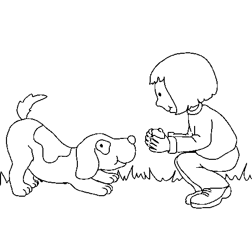 Coloriage de Fillette jouant avec son chien pour Colorier
