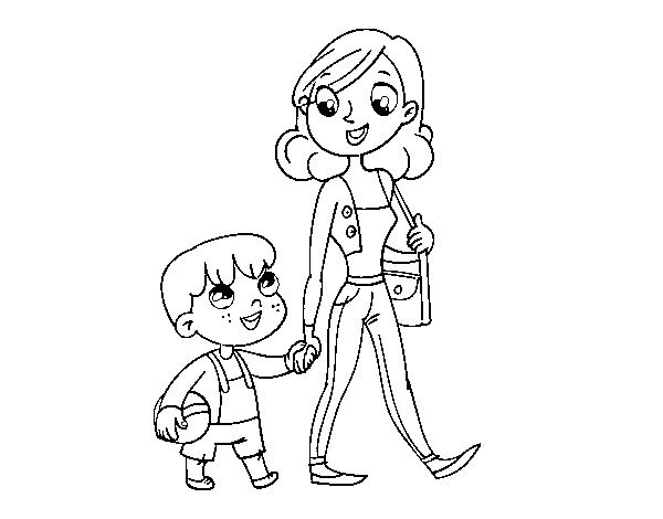 Coloriage de Mère qui marche avec un enfant pour Colorier