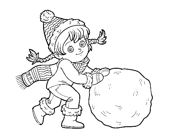 Coloriage de Petite fille avec grosse boule de neige pour Colorier