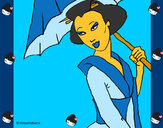 Coloriage Geisha à l'ombrelle colorié par Mary