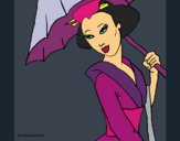 Coloriage Geisha à l'ombrelle colorié par KAKE2
